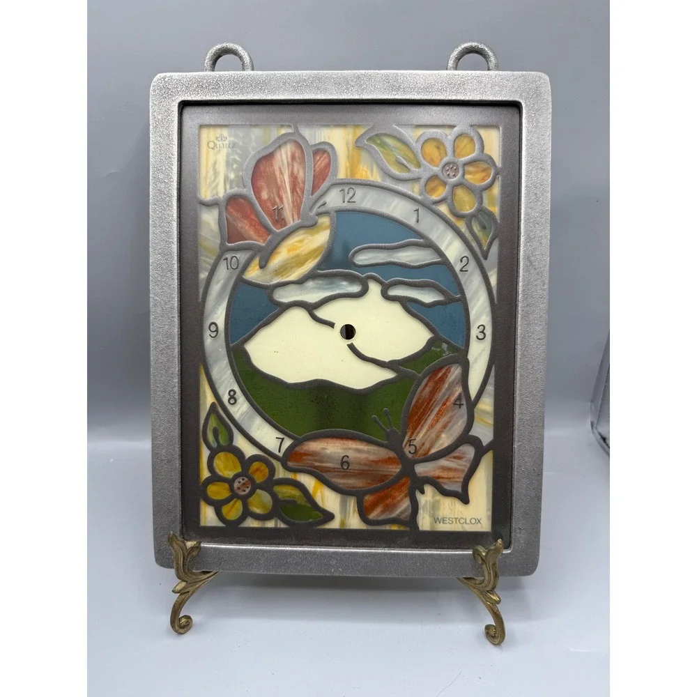 Vintage Westclox Stained Slag‎ Glass Butterfly Wall Clock Face Pewter Frame DIY